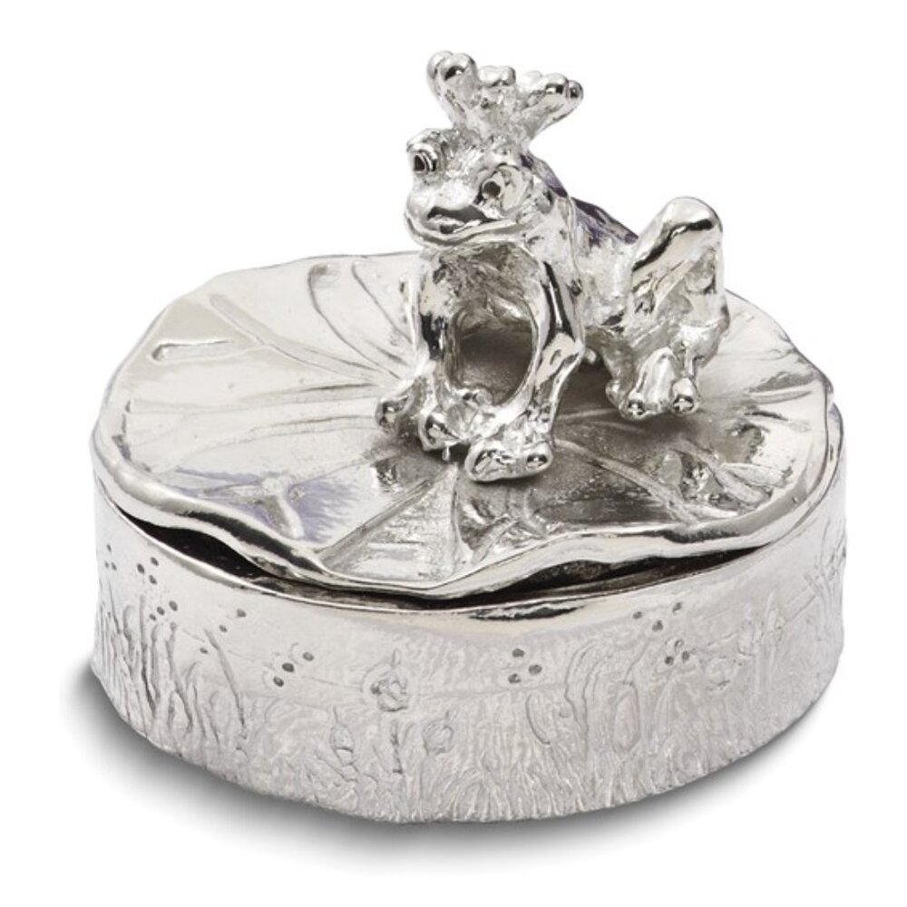 Silver Tone Polished Pewter Frog Prince w Crown Tooth Fairy Trinket Treasure Box